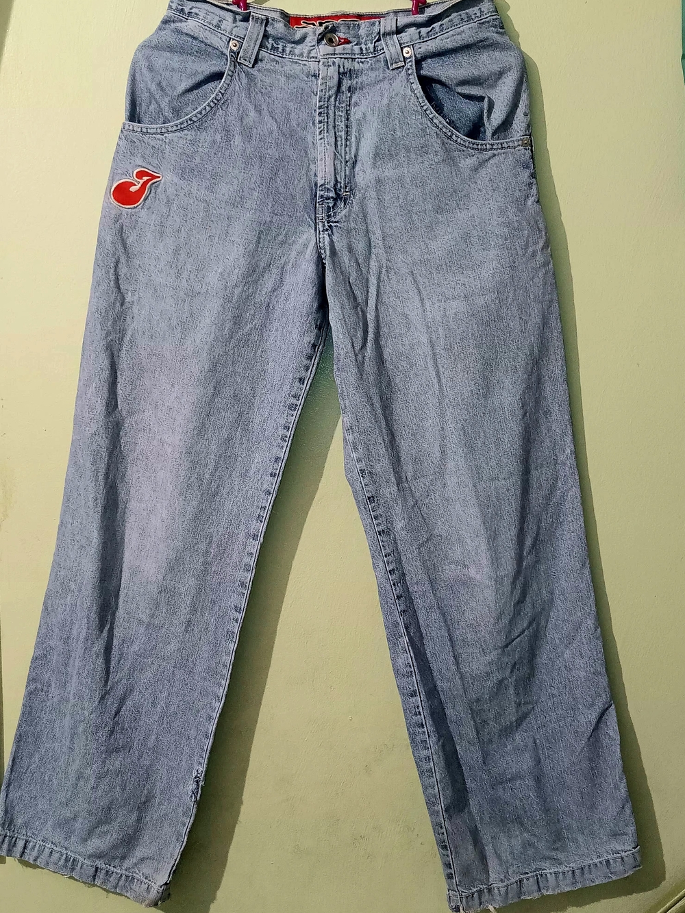JNCO Girlie Stuff  Light Blue Wide Leg Jeans with Red Patch Loosey Girl 1057.
